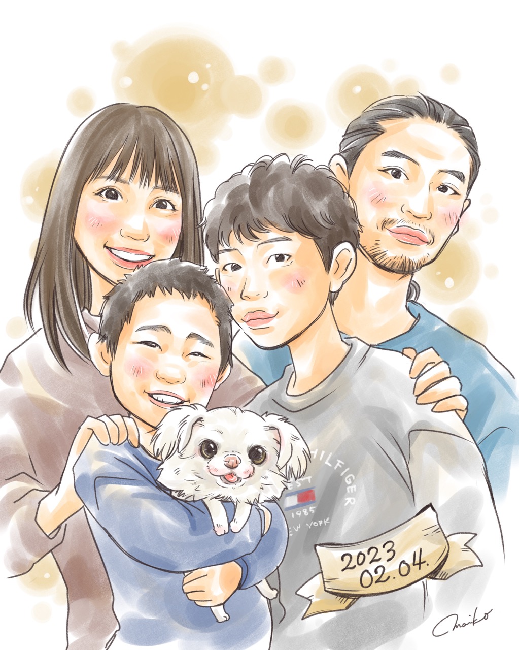 愛犬と家族の似顔絵