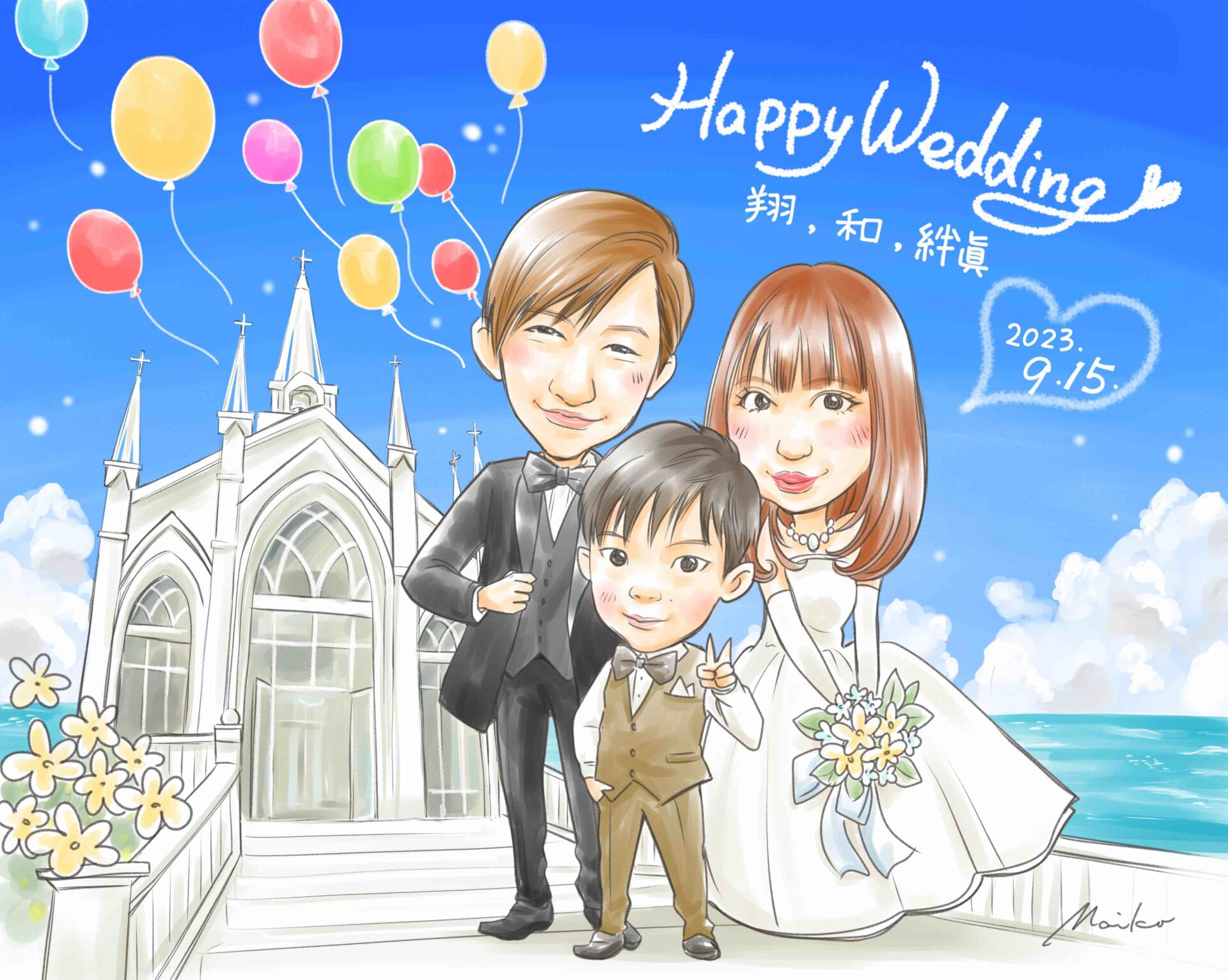 結婚式 似顔絵ウェルカムボード 教会を背景に