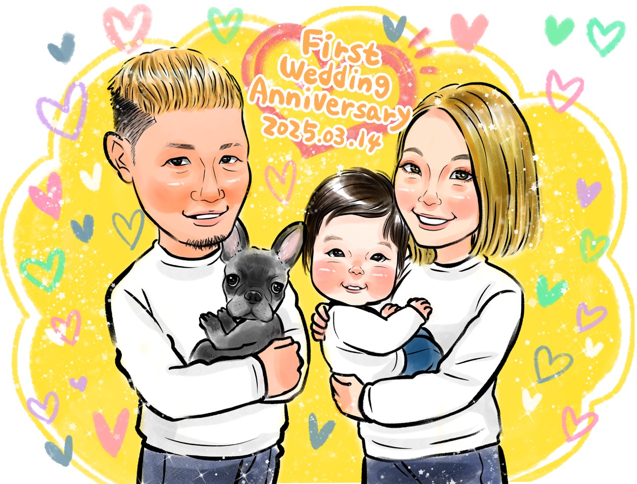 結婚1年記念日　家族の似顔絵