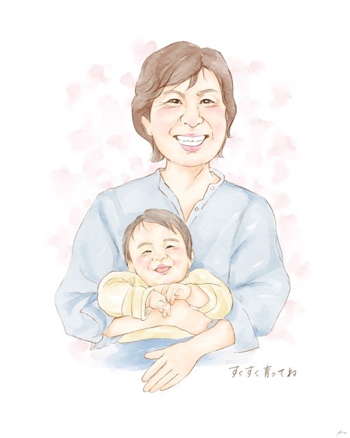 おばあちゃんが赤ちゃんを抱いた似顔絵。「すくすく育ってね」のひとこと入り