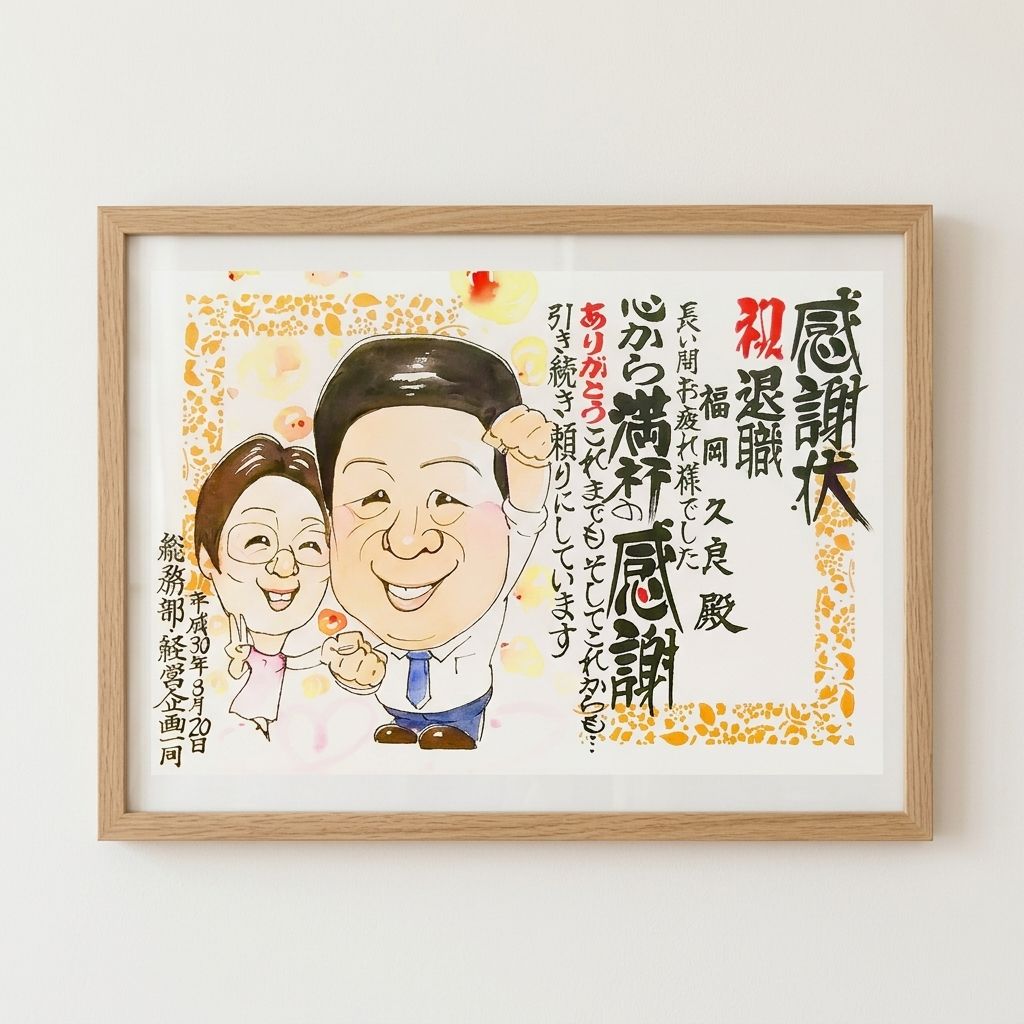 ご退職の記念に贈る、手書きの似顔絵感謝状（額縁付き）