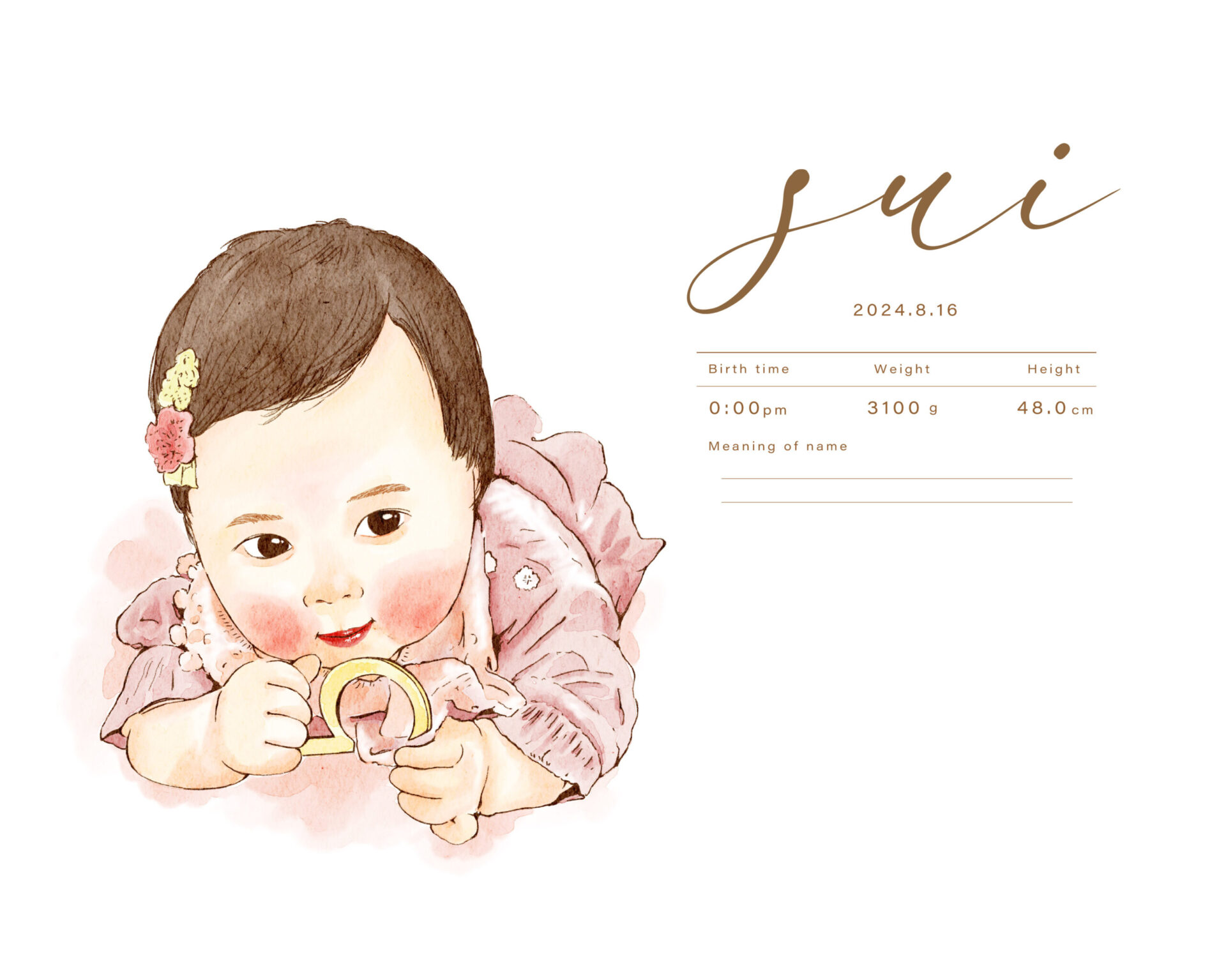 似顔絵入りの命名書。花冠の赤ちゃん