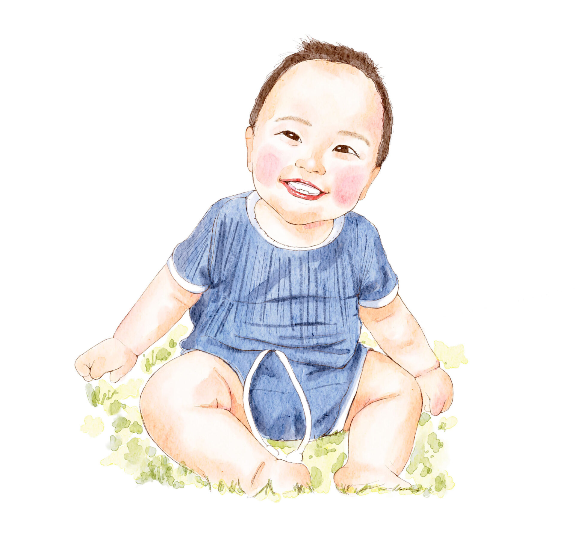芝生の上にお座りしている赤ちゃんの似顔絵。一歳のお誕生日の記念に