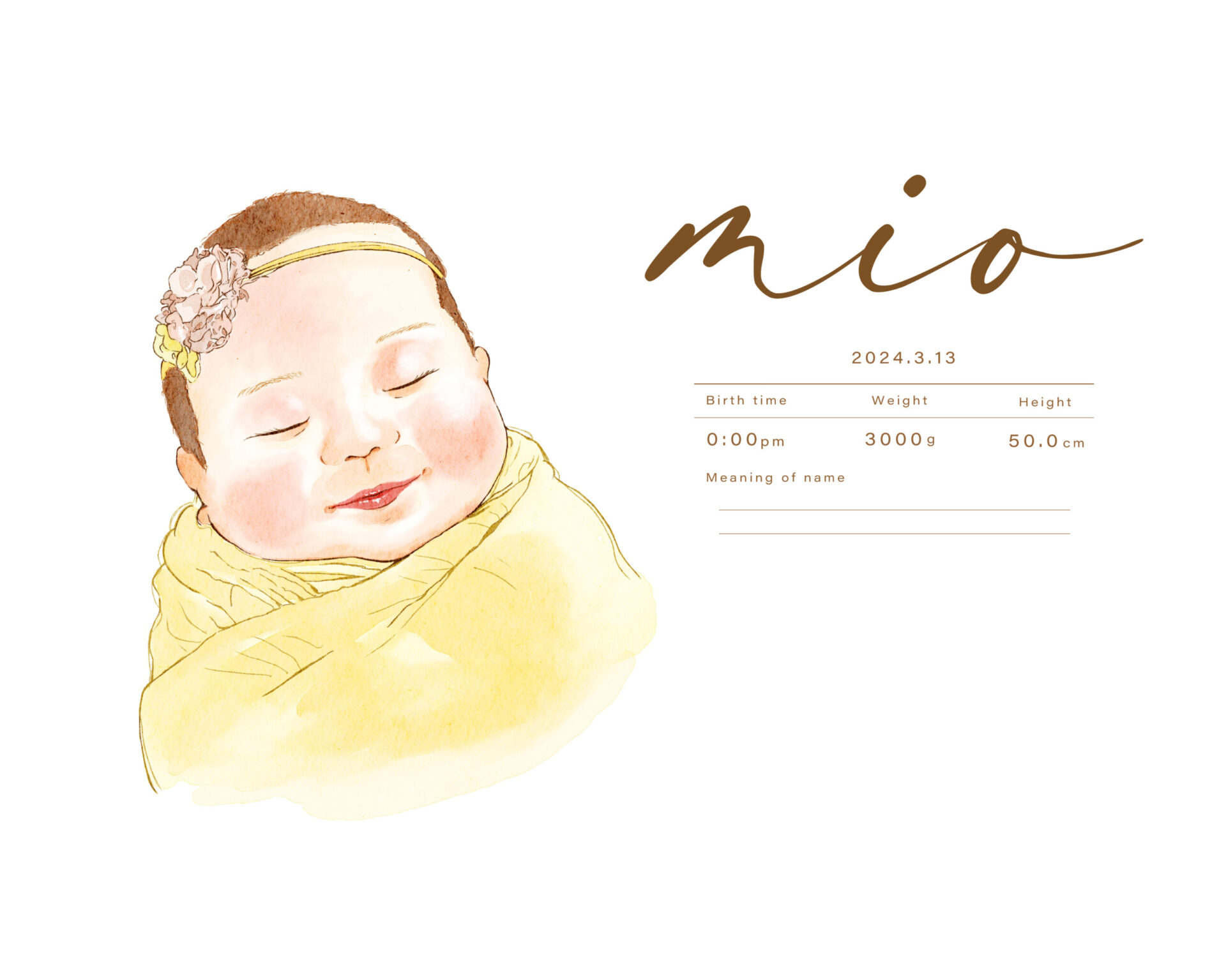 似顔絵入りの命名書。黄色いおくるみの赤ちゃん