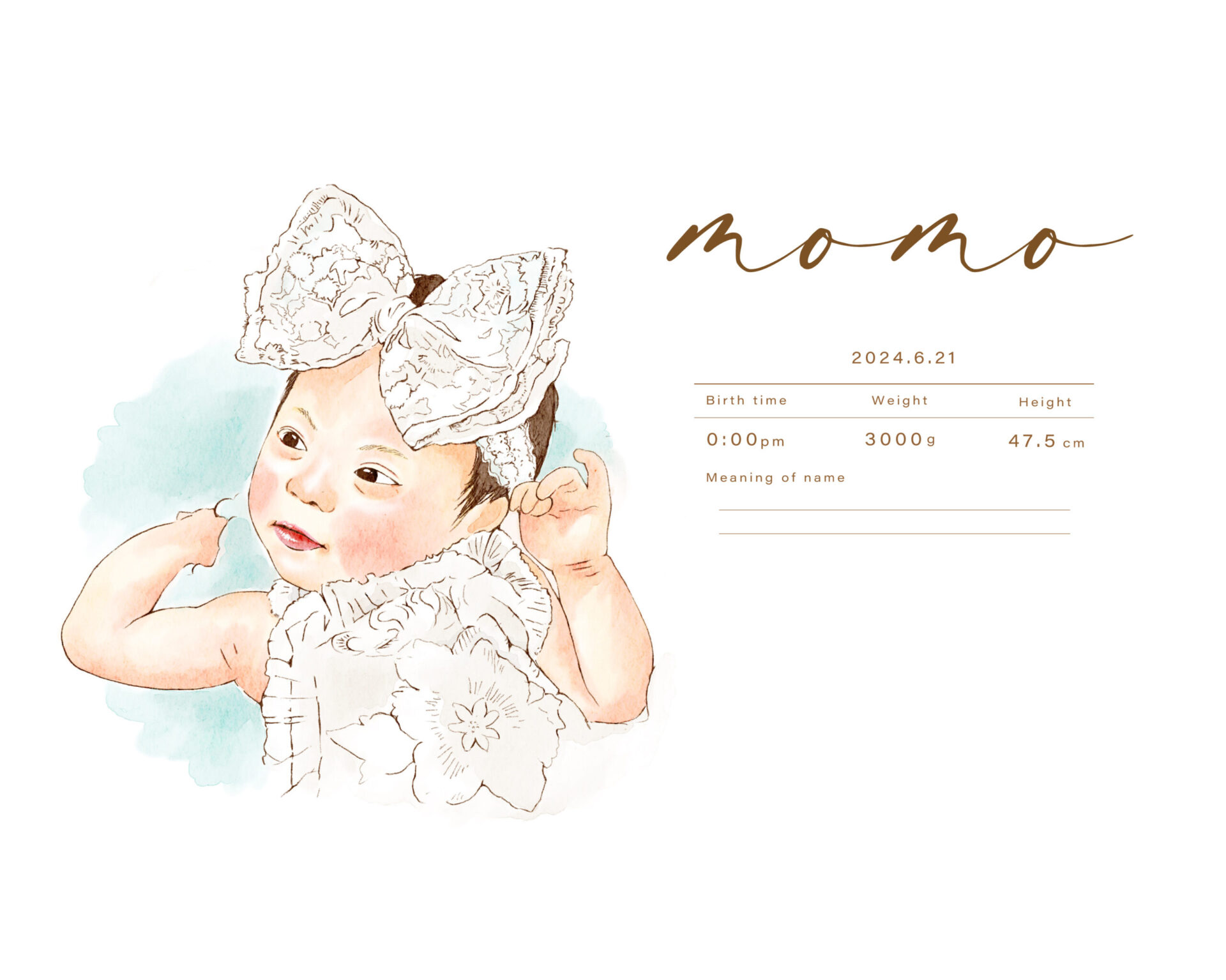 似顔絵入りの命名書。白いリボンの赤ちゃん