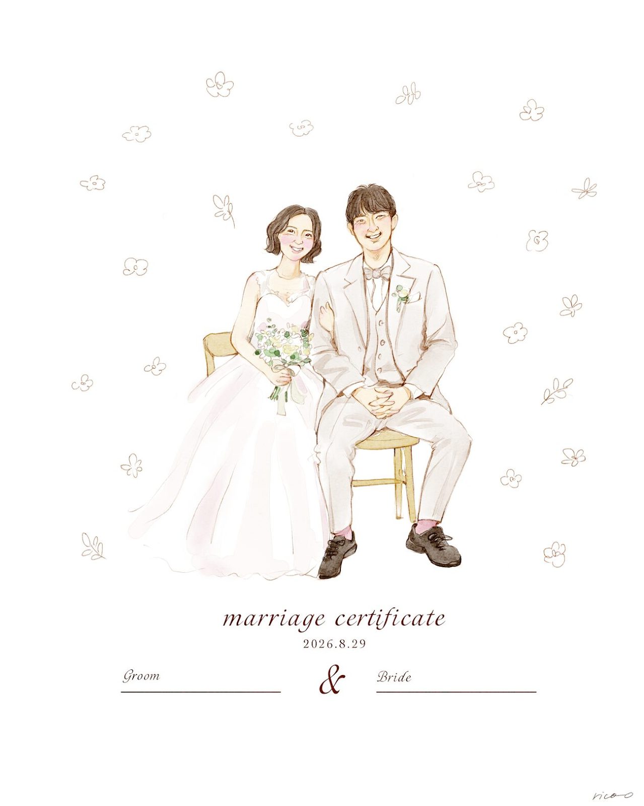 結婚証明書デザインの似顔絵。誓いの言葉と日付、おふたりのお名前を書き入れる欄がある