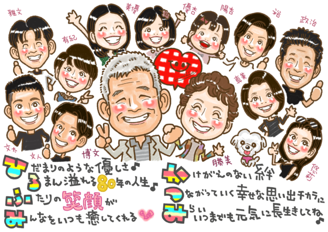 傘寿,傘寿祝い,80歳,誕生日プレゼント,ご長寿,似顔絵,赤いちゃんちゃんこ,大人数,家族,両親,サプライズプレゼント,ネームポエム,あいうえお作文,名前作文,かわいい似顔絵