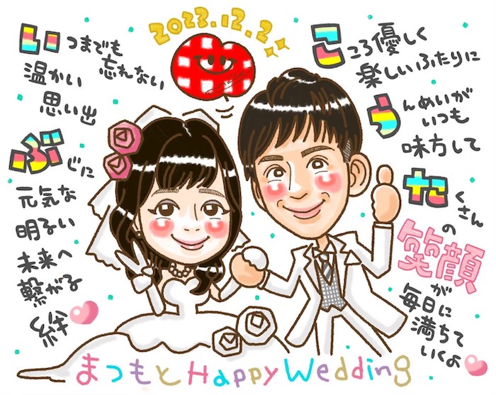 幸せいっぱい似顔絵ウェルカムボード。新郎新婦の名前ポエム付き | かわいい似顔絵名前ポエム