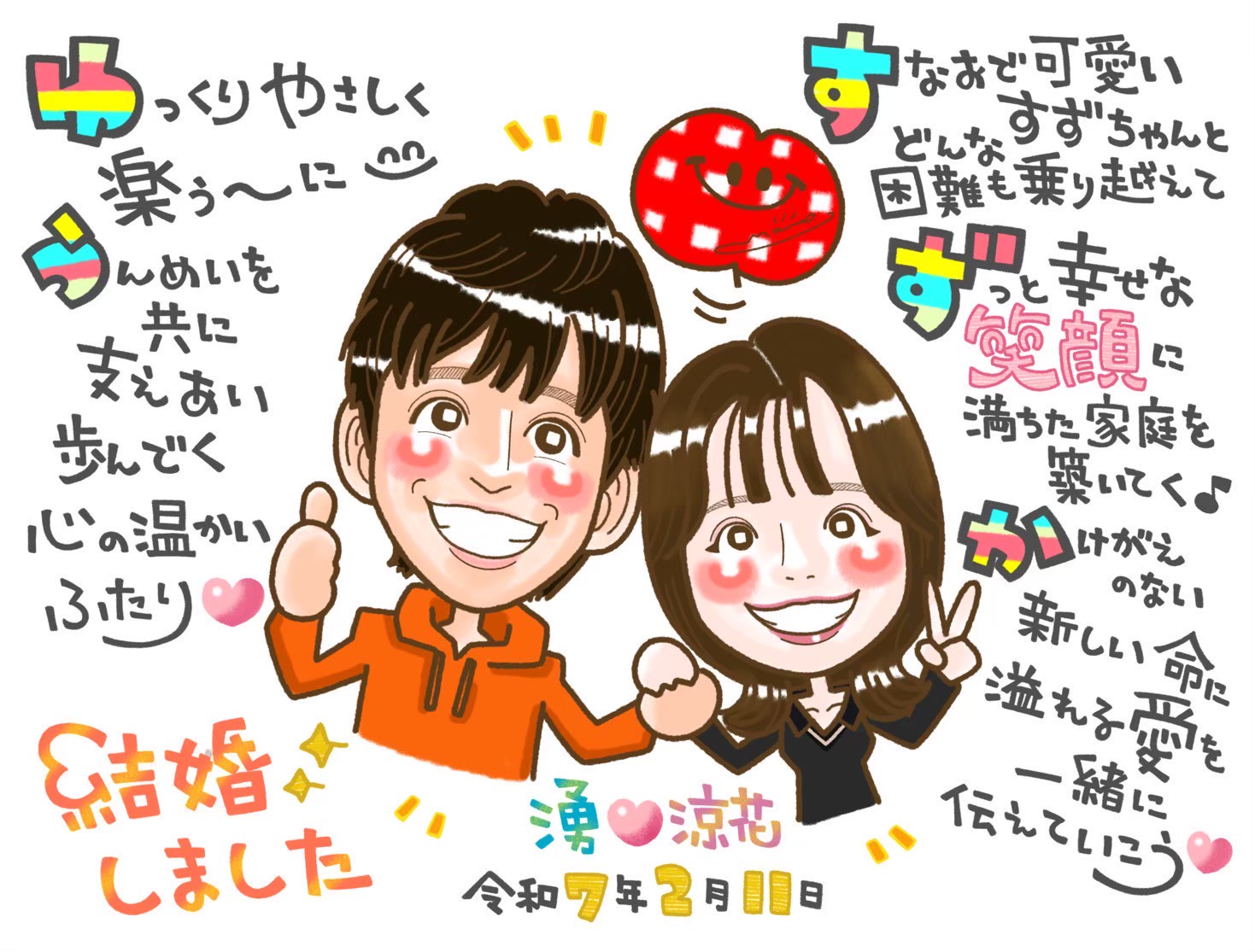 幸せいっぱい似顔絵ウェルカムボード。新郎新婦の名前ポエム付き | 大