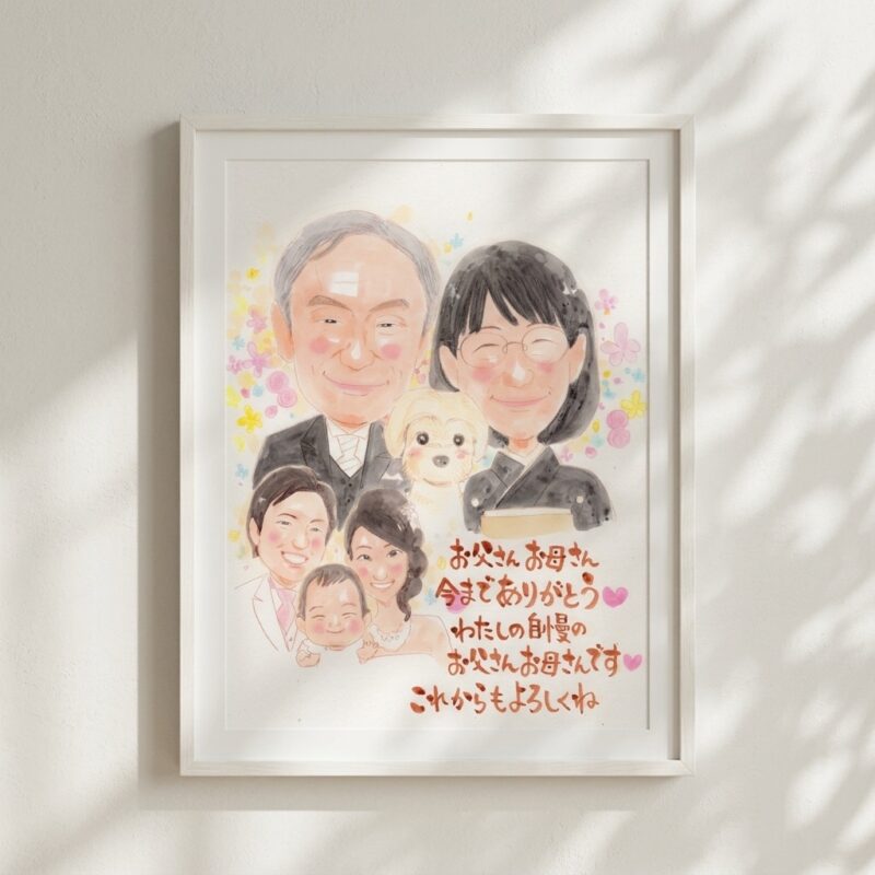 似顔絵を手にしたお客様のお喜びの写真