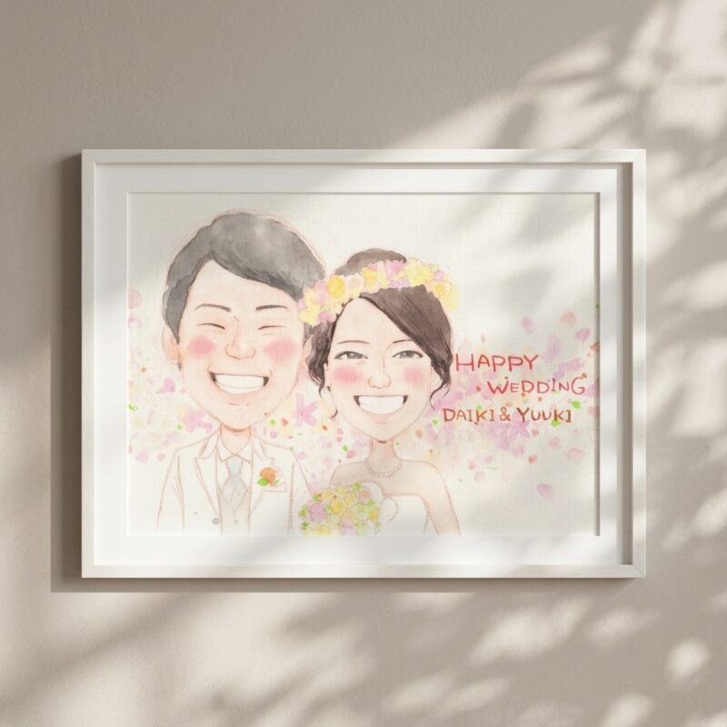 似顔絵を手にしたお客様のお喜びの写真