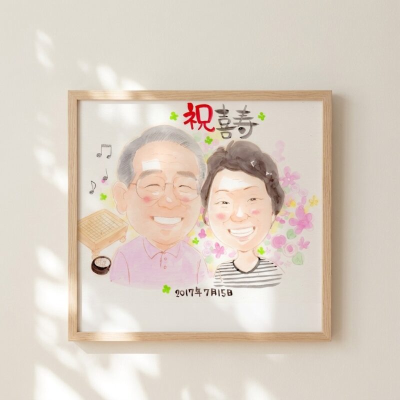似顔絵を手にしたお客様のお喜びの写真