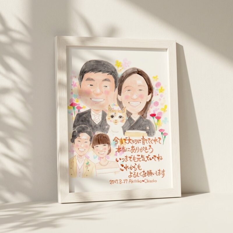 似顔絵を手にしたお客様のお喜びの写真