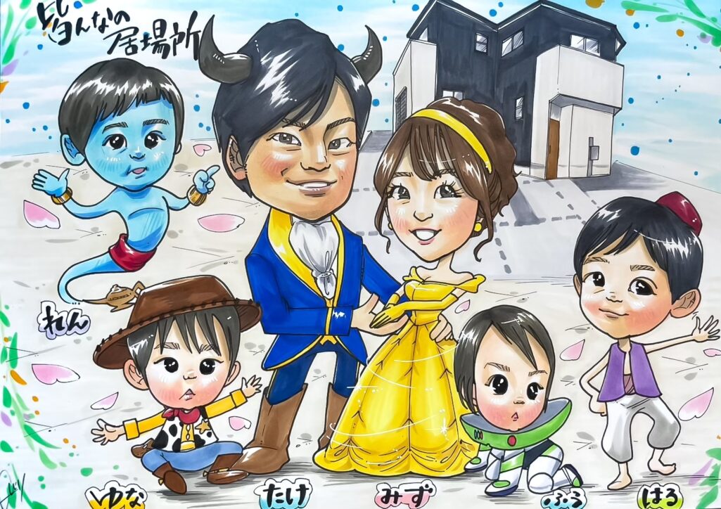 新築祝い　家族の似顔絵　記念品　ハッピーエンジェル