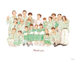 大人数似顔絵みんな笑顔の一枚に